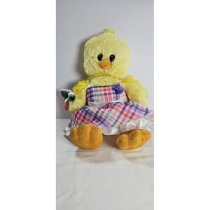 BAB Yellow Baby Chick Plush 2012 w/ Easter Plaid Dress Satin + Flower Accessory